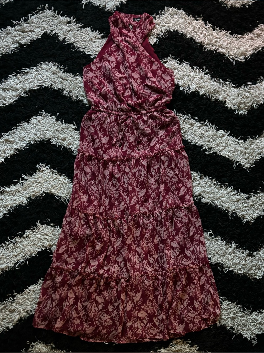 INC Wrap Halter Neck Burgundy Red Floral Flowy Tasseled Maxi Dress